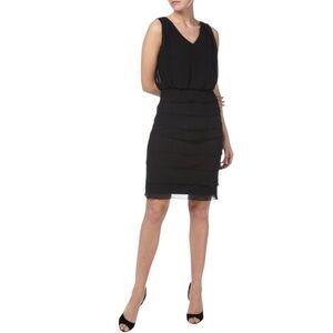 Cache Flirty and flattering black Sleeveless V-Neck & Back Blouson Tiered Dress